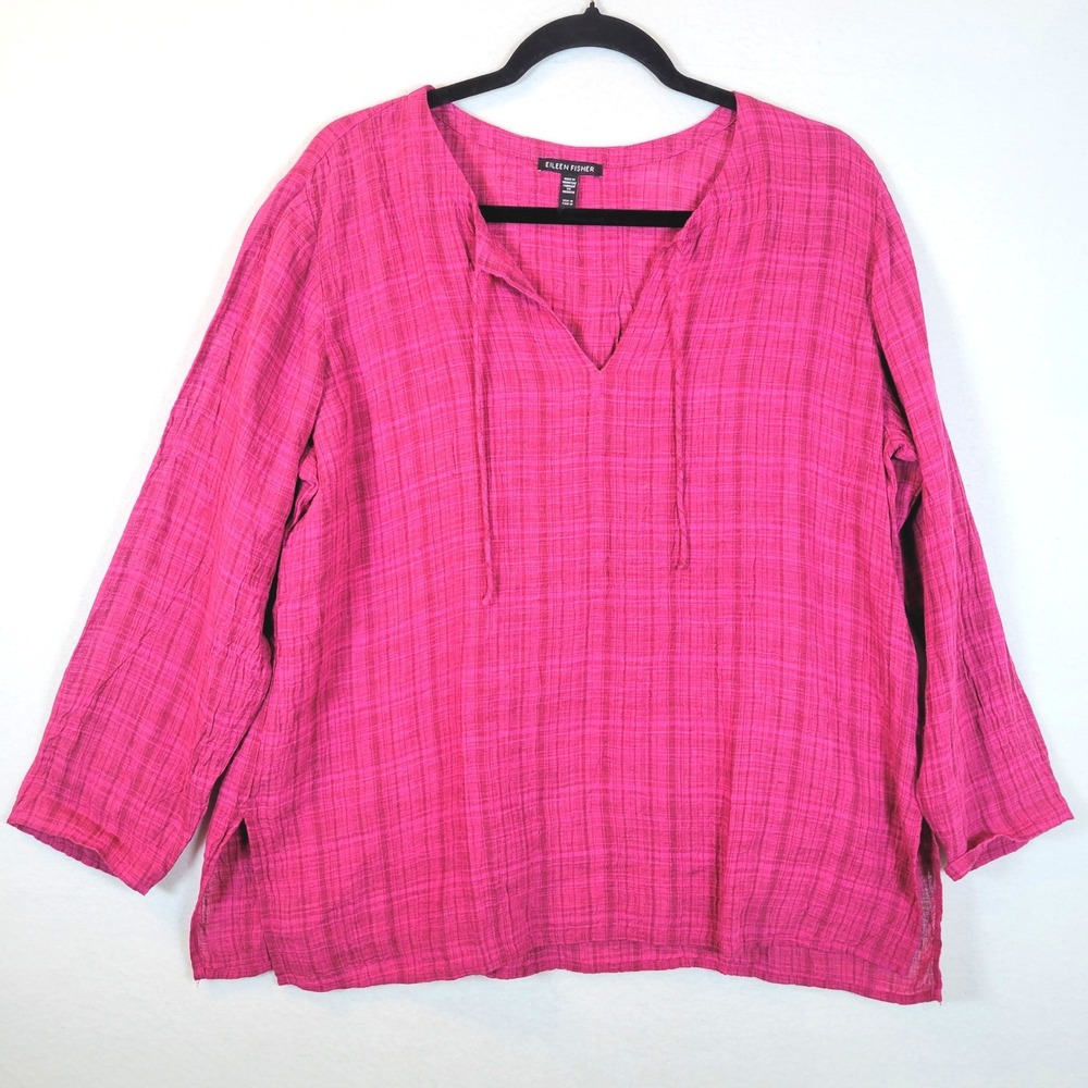 Eileen Fisher Womens Organic Linen Gauze Blouse Top Popover Size Medium Pink